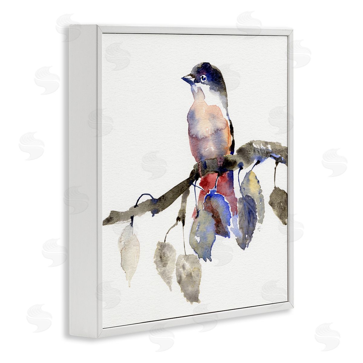 Verbrugge Watercolor Song Bird Perched on Blue Autumn Leaf Branch White Framed Glicee Wall Art Print