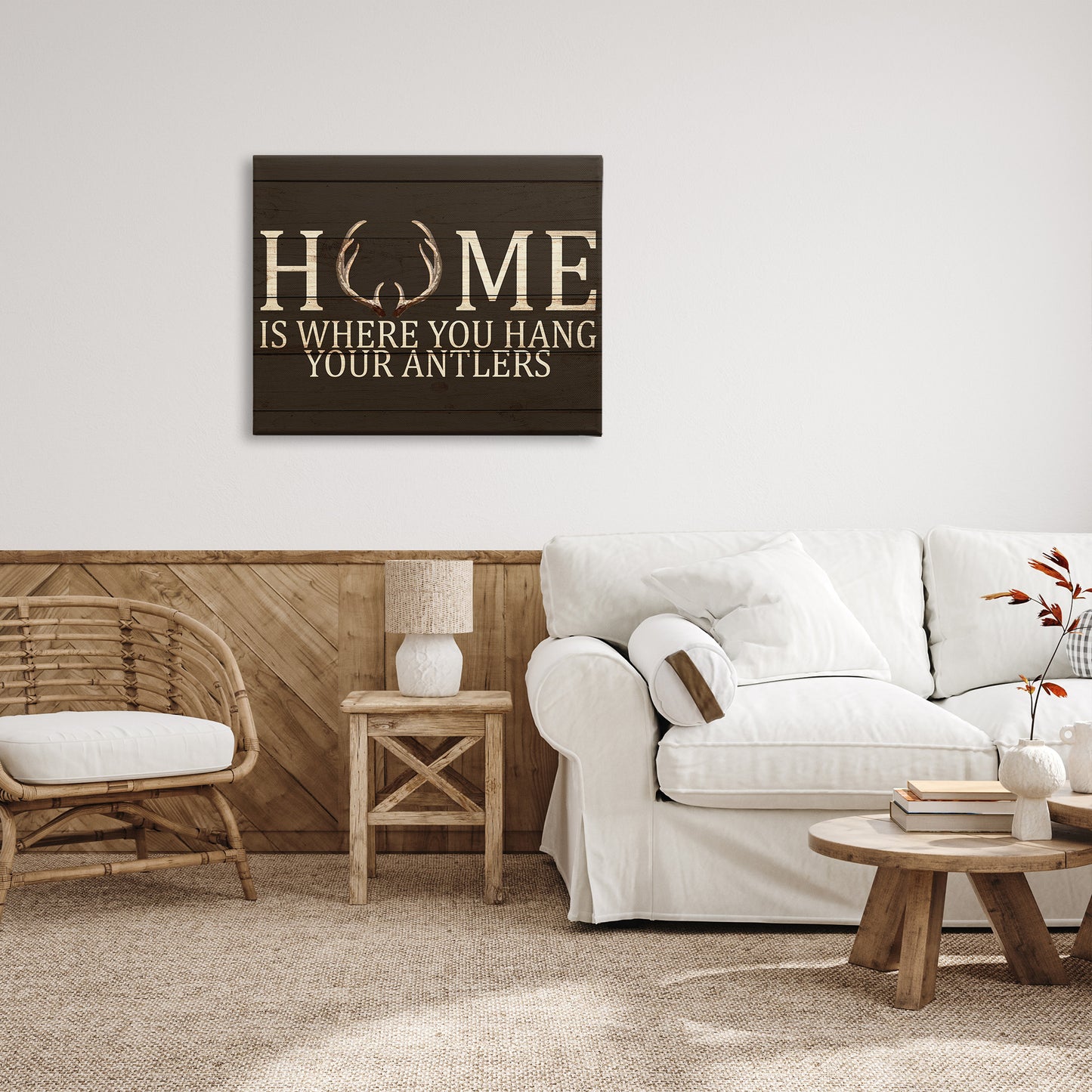 Hang Your Antlers Rustic Hunting Phrase Canvas Wall Art in Room, Home Decor by Kim Allen