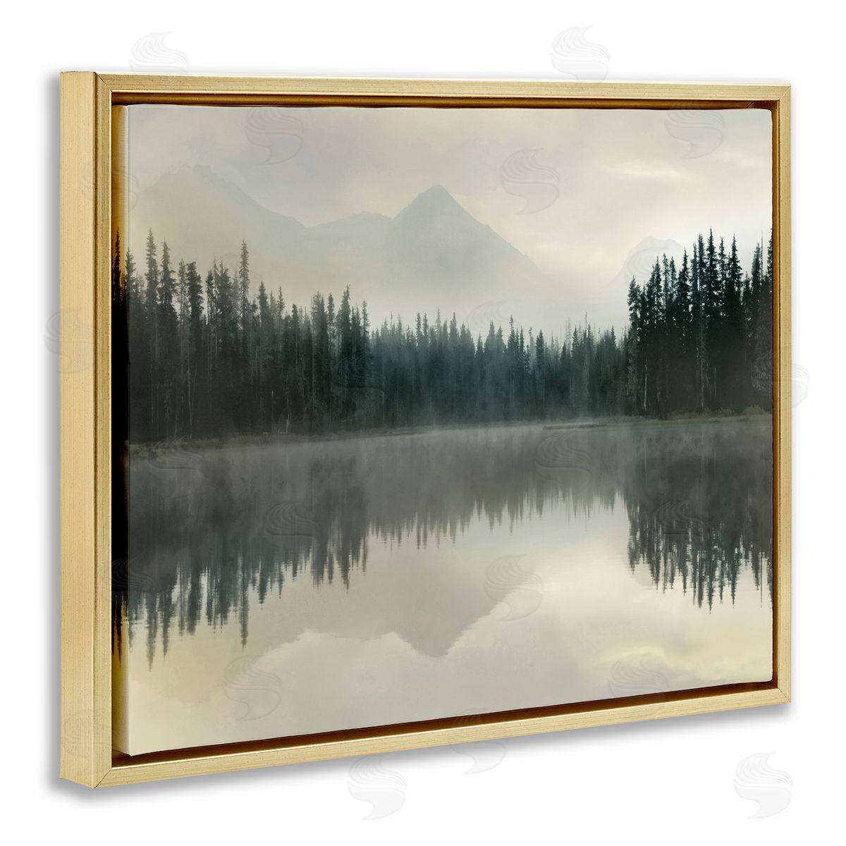 Foggy Lake Forest Landscape Reflection Gold Floating Frame Canvas Wall Art, Home Decor by Danita Delimont