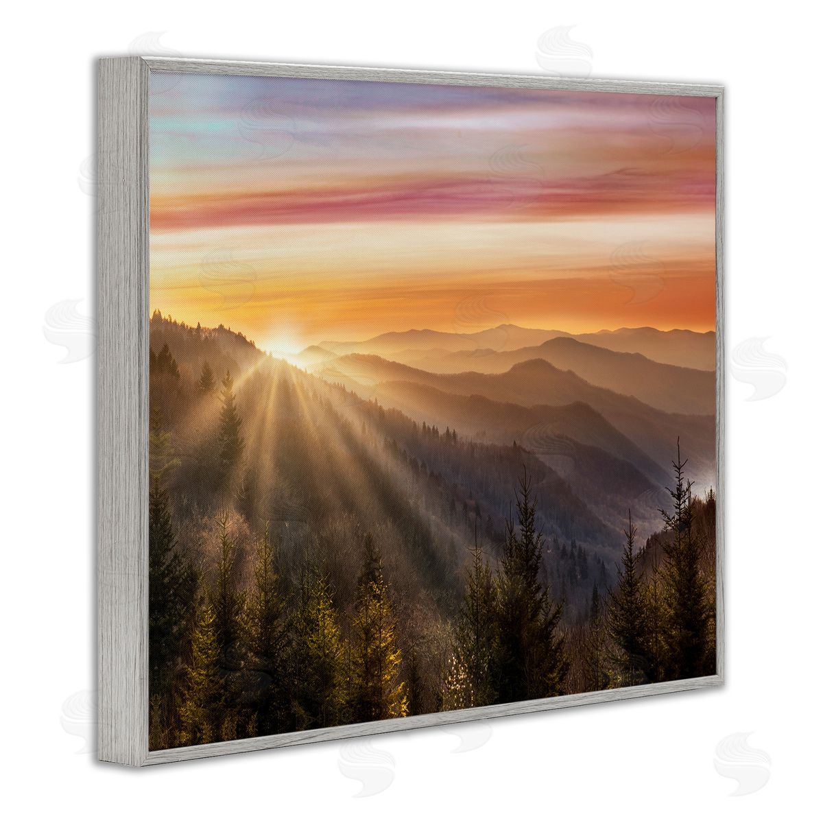 Sunrise Through Mountain Forest Skyline Grey Frame Print Wall Art, Home Decor by Danita Delimont