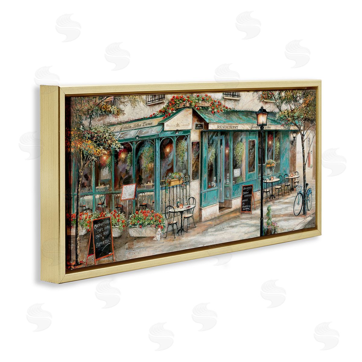 European City Streets Café Scene Gold Floating Frame Canvas Wall Art, Home Decor by Ruane Manning