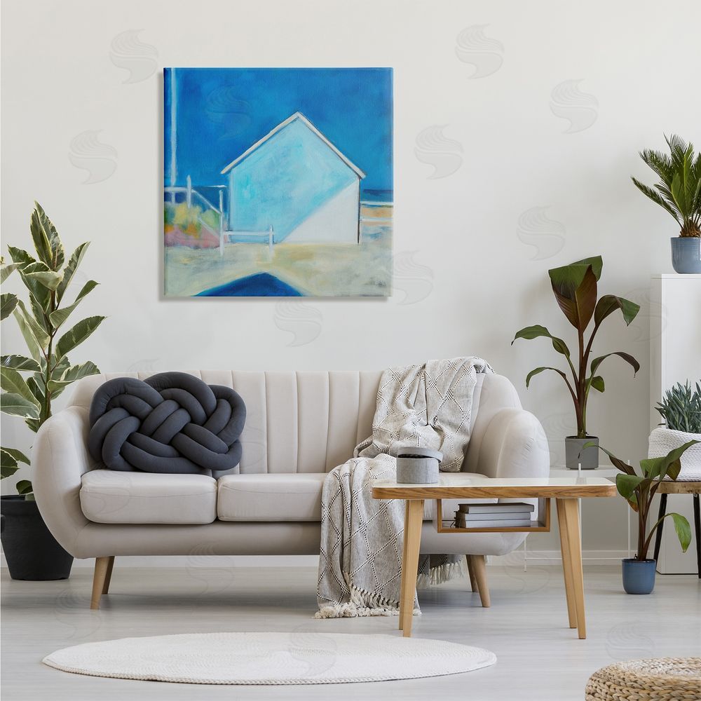 Susanne Marie Contemporary Beach House Landscape Soft Minimal Blue Waters Canvas Wall Art in Room