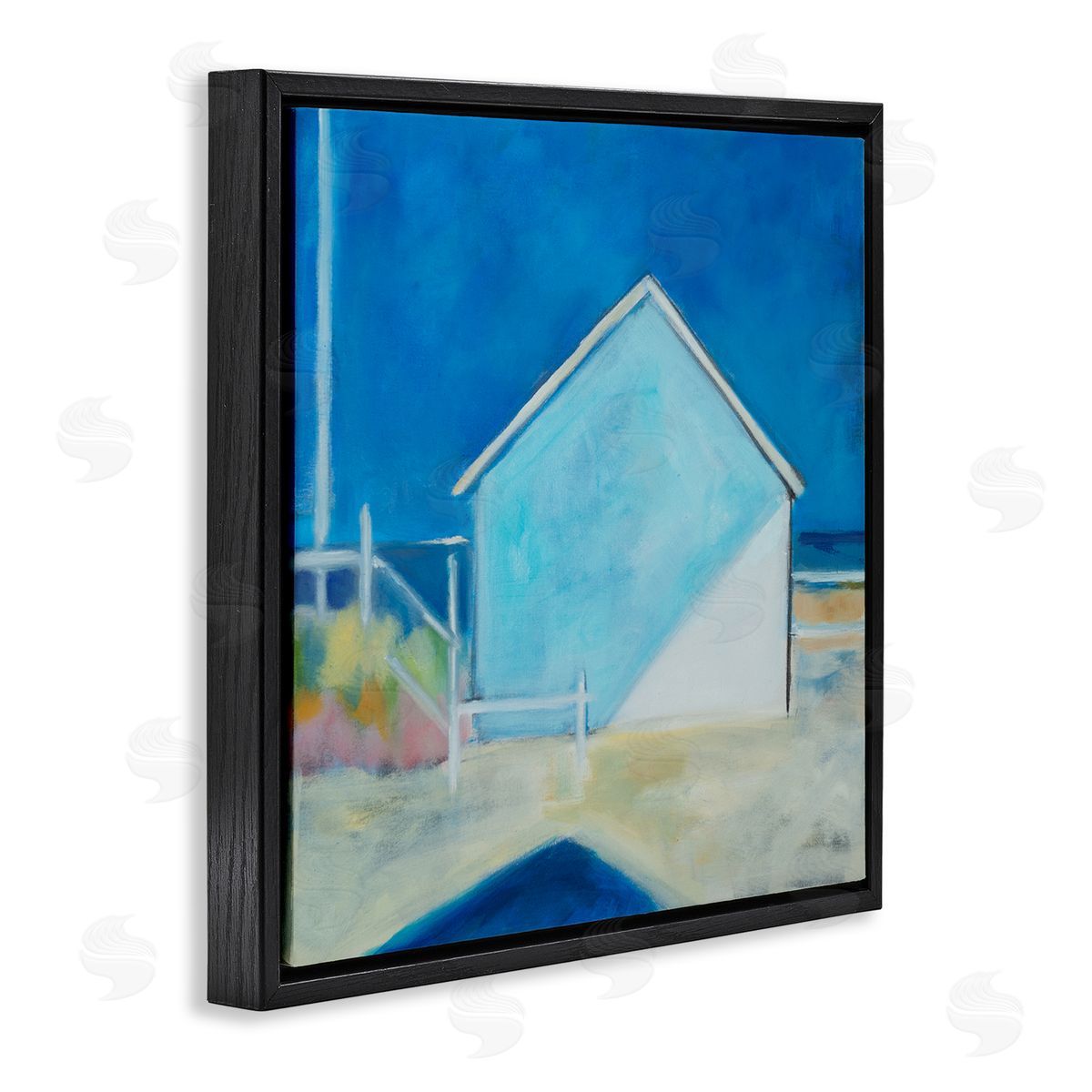 Susanne Marie Contemporary Beach House Landscape Soft Minimal Blue Waters Black Floating Frame Canvas Wall Art Print
