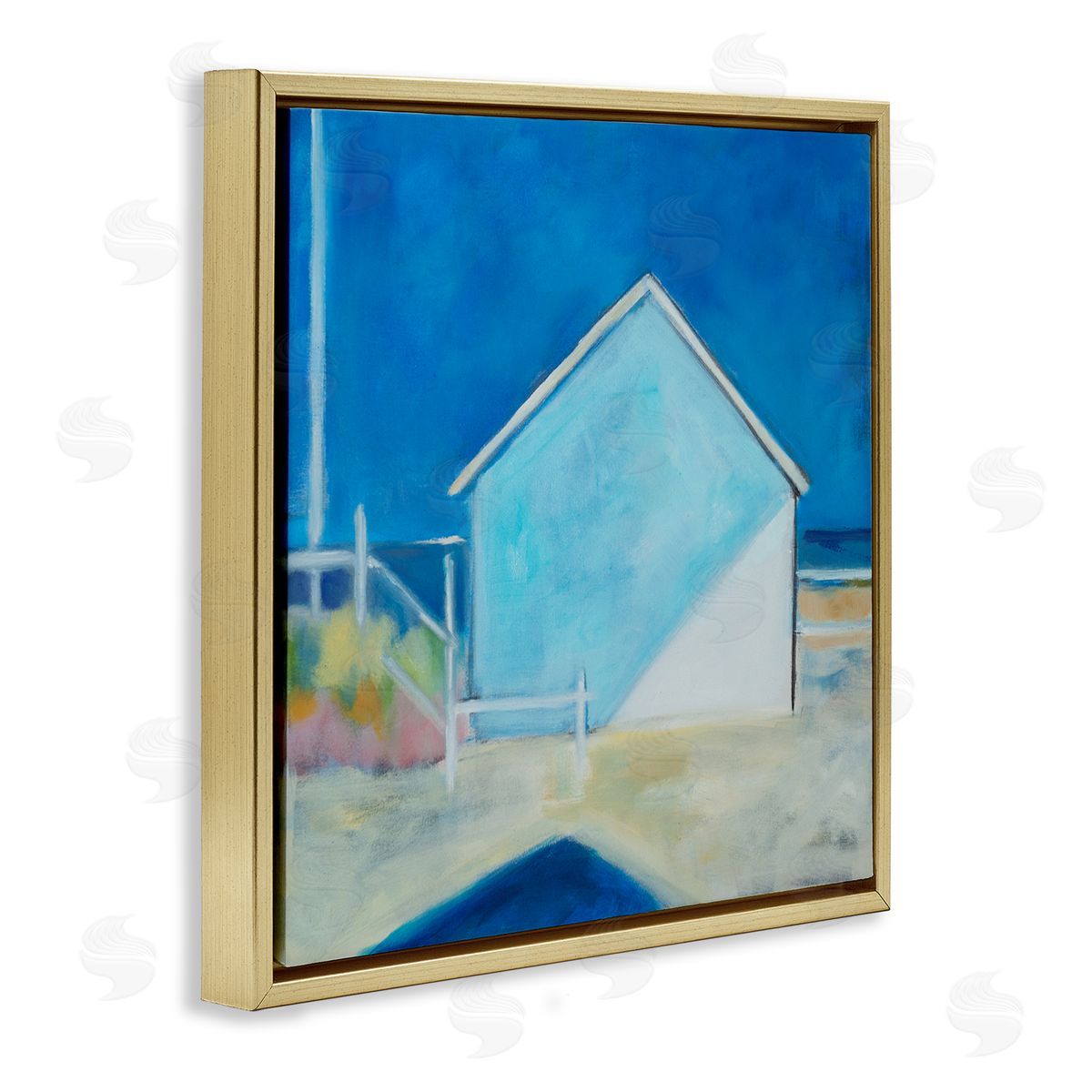 Susanne Marie Contemporary Beach House Landscape Soft Minimal Blue Waters Gold Floating Frame Canvas Wall Art Print