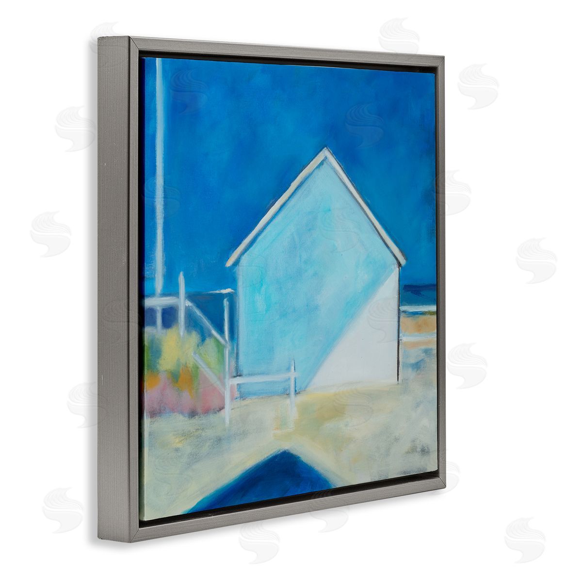 Susanne Marie Contemporary Beach House Landscape Soft Minimal Blue Waters Gray Floating Frame Canvas Wall Art Print