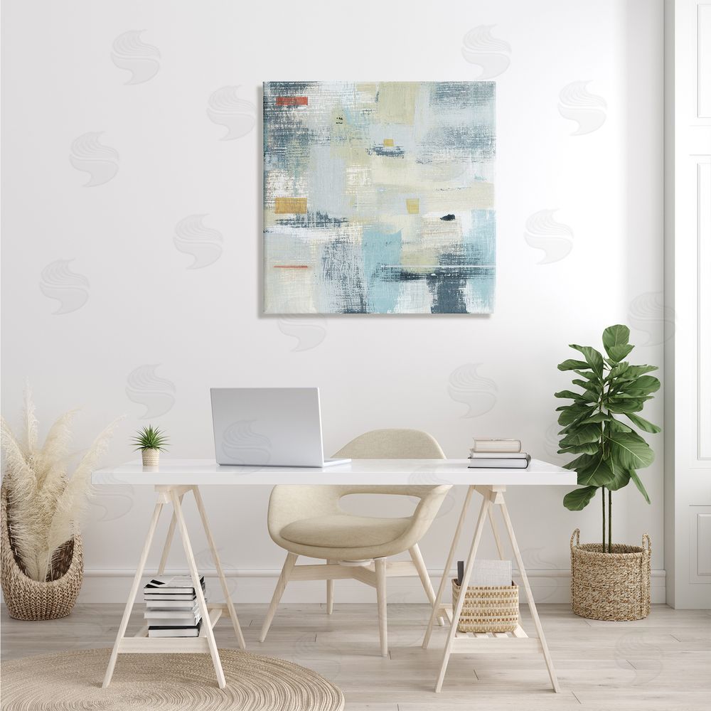 Susan Jill Woven Paint Stroke Abstraction Blue Beige Paint Blend Canvas Wall Art in Room