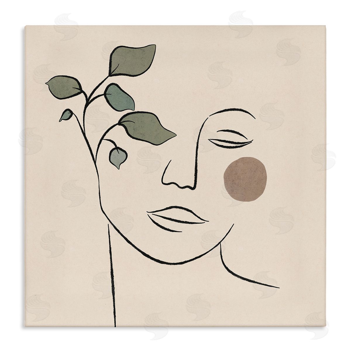 JJ Design House LLC Soft Female Face Line Drawing Abstract Plant Sun Stretched Canvas Wall Art Print