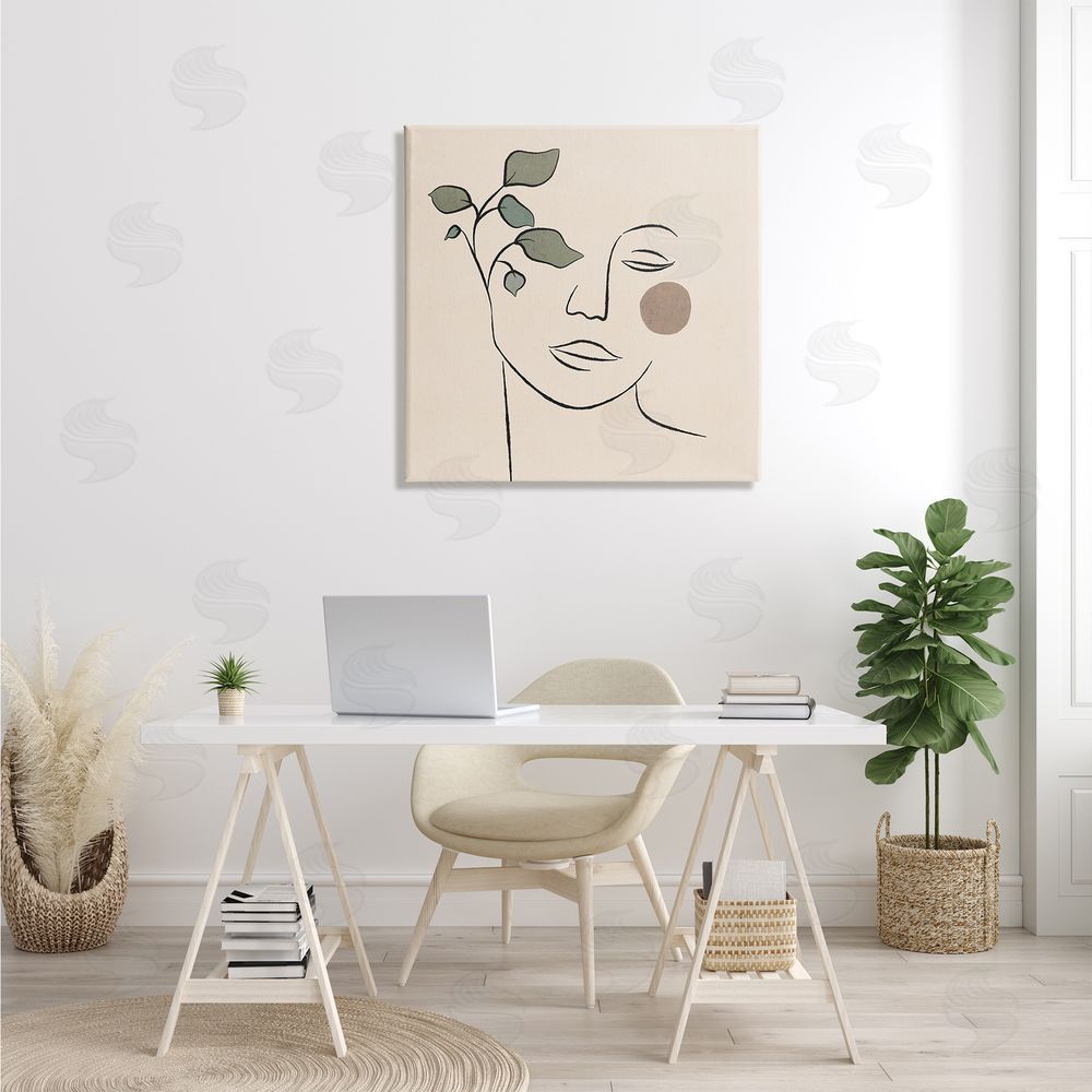 JJ Design House LLC Soft Female Face Line Drawing Abstract Plant Sun Canvas Wall Art in Room