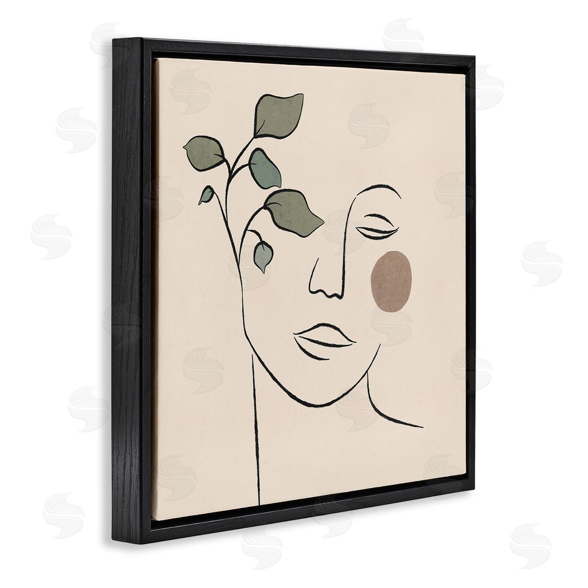 JJ Design House LLC Soft Female Face Line Drawing Abstract Plant Sun Black Floating Frame Canvas Wall Art Print