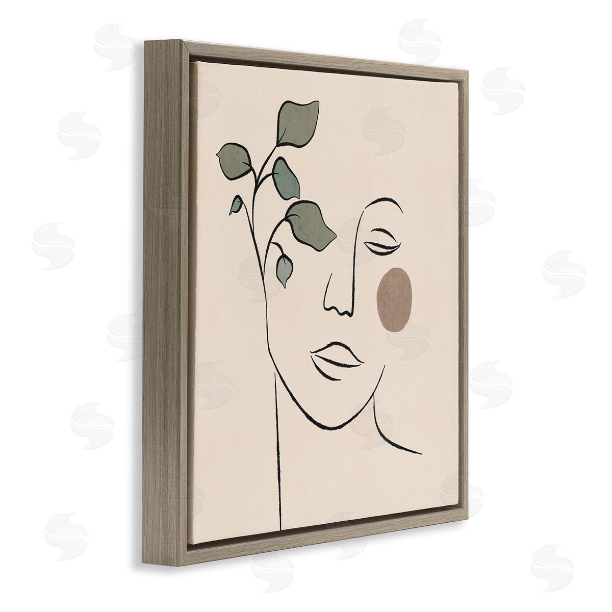 JJ Design House LLC Soft Female Face Line Drawing Abstract Plant Sun Brown Floating Frame Canvas Wall Art Print