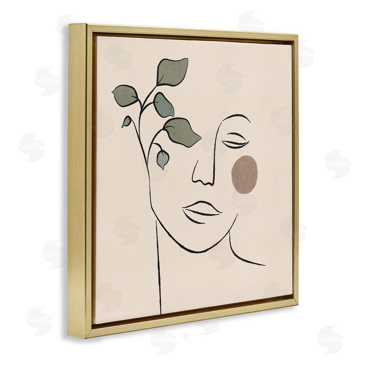 JJ Design House LLC Soft Female Face Line Drawing Abstract Plant Sun Gold Floating Frame Canvas Wall Art Print