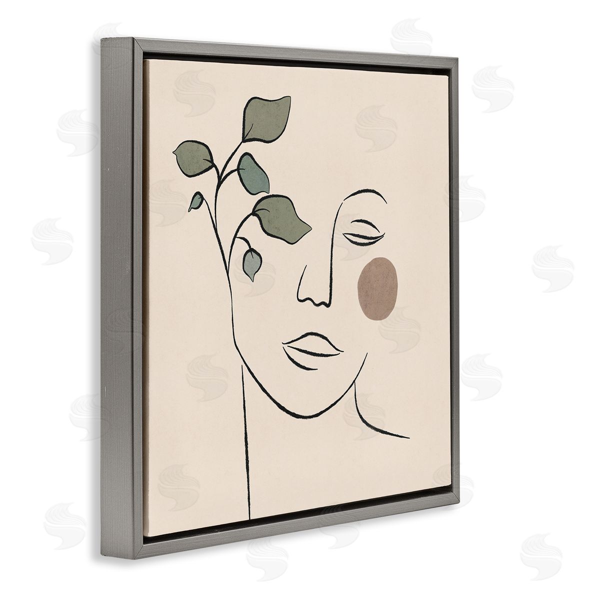 JJ Design House LLC Soft Female Face Line Drawing Abstract Plant Sun Gray Floating Frame Canvas Wall Art Print