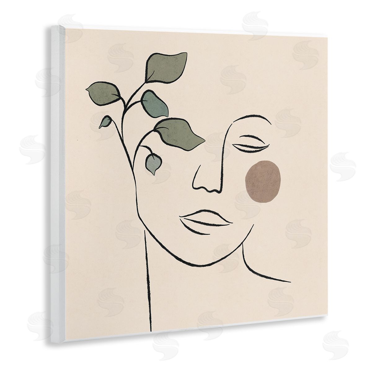 JJ Design House LLC Soft Female Face Line Drawing Abstract Plant Sun Wooden Wall Plaque Art Print