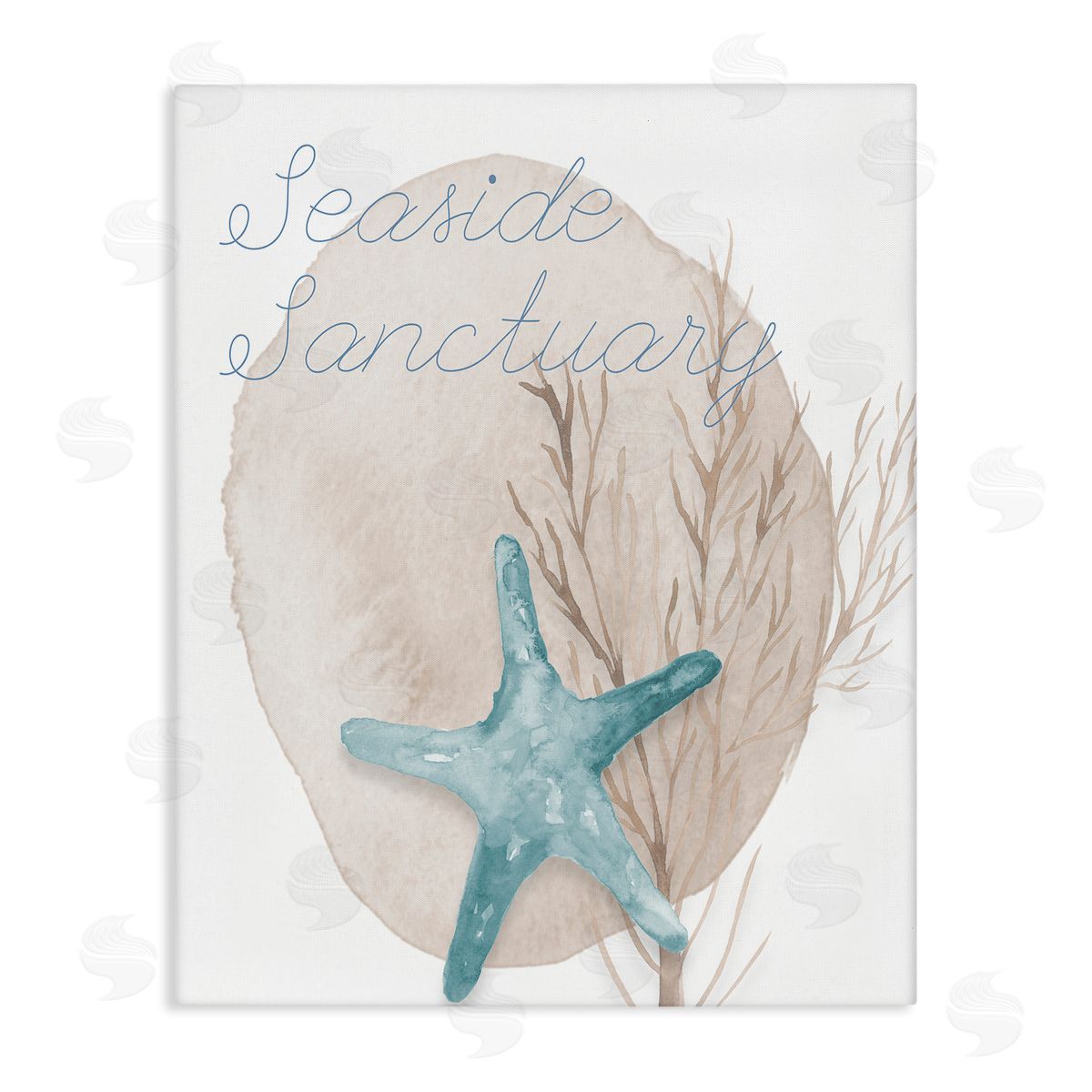 Lucille Price Seaside Sanctuary Phrase Soft Blue Starfish Brown Kelp Stretched Canvas Wall Art Print