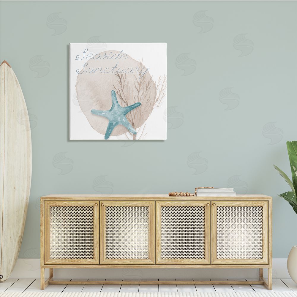 Lucille Price Seaside Sanctuary Phrase Soft Blue Starfish Brown Kelp Canvas Wall Art in Room