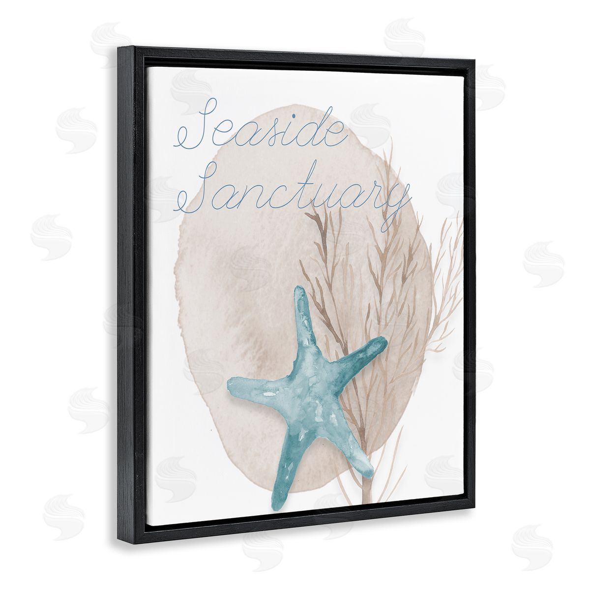 Lucille Price Seaside Sanctuary Phrase Soft Blue Starfish Brown Kelp Black Floating Frame Canvas Wall Art Print
