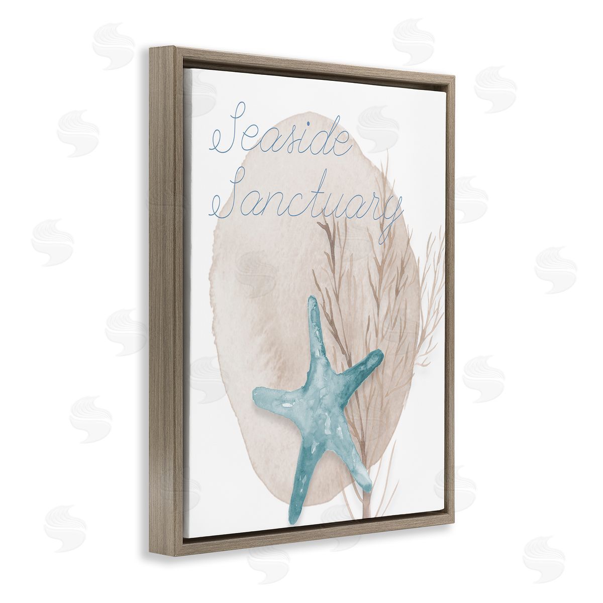Lucille Price Seaside Sanctuary Phrase Soft Blue Starfish Brown Kelp Brown Floating Frame Canvas Wall Art Print