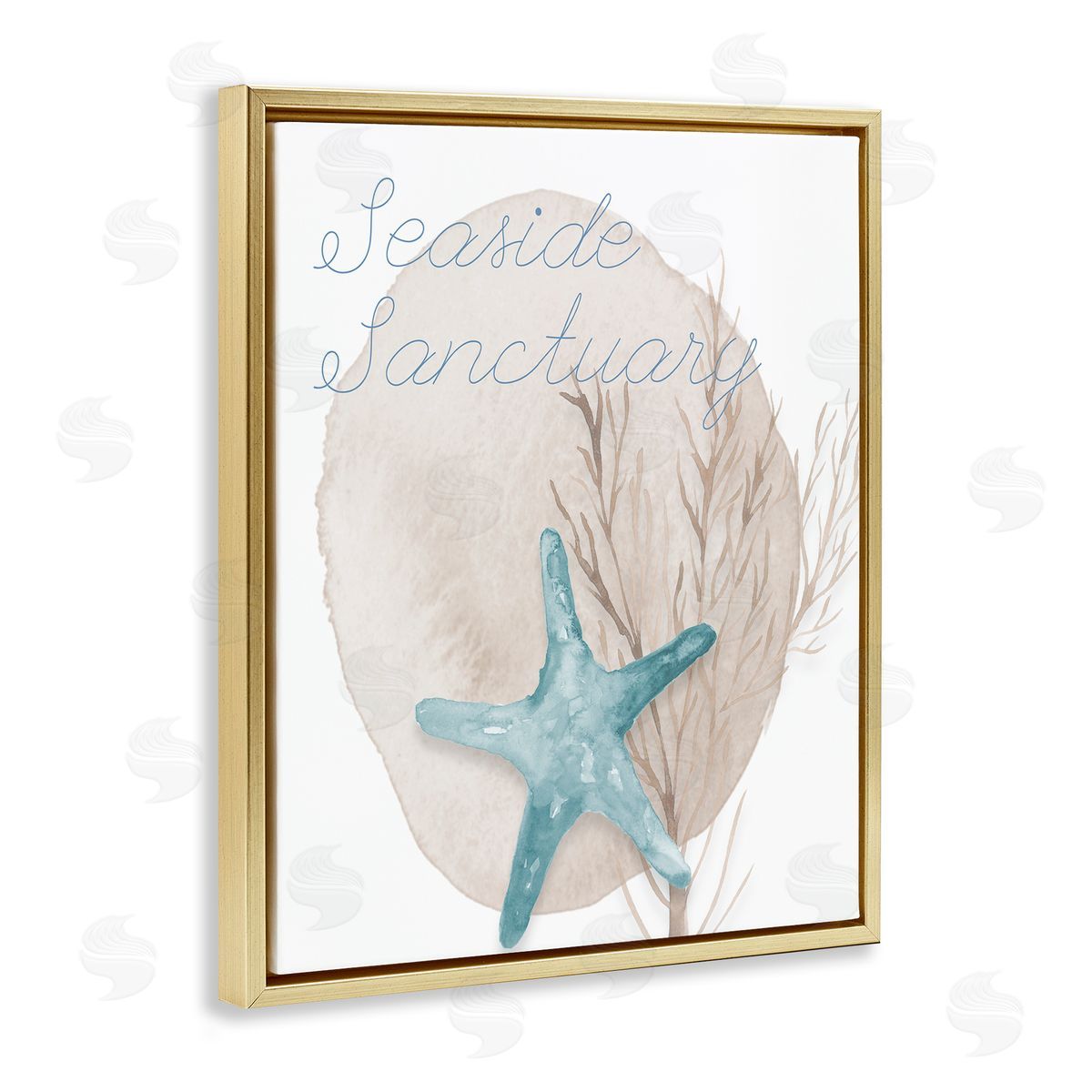 Lucille Price Seaside Sanctuary Phrase Soft Blue Starfish Brown Kelp Gold Floating Frame Canvas Wall Art Print