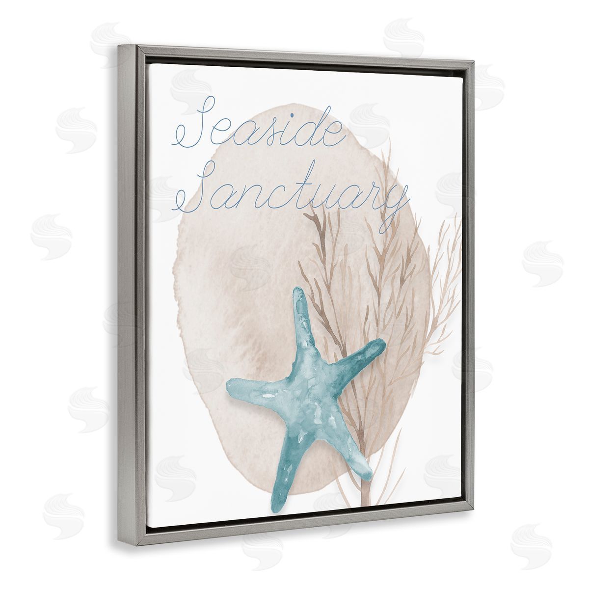 Lucille Price Seaside Sanctuary Phrase Soft Blue Starfish Brown Kelp Gray Floating Frame Canvas Wall Art Print
