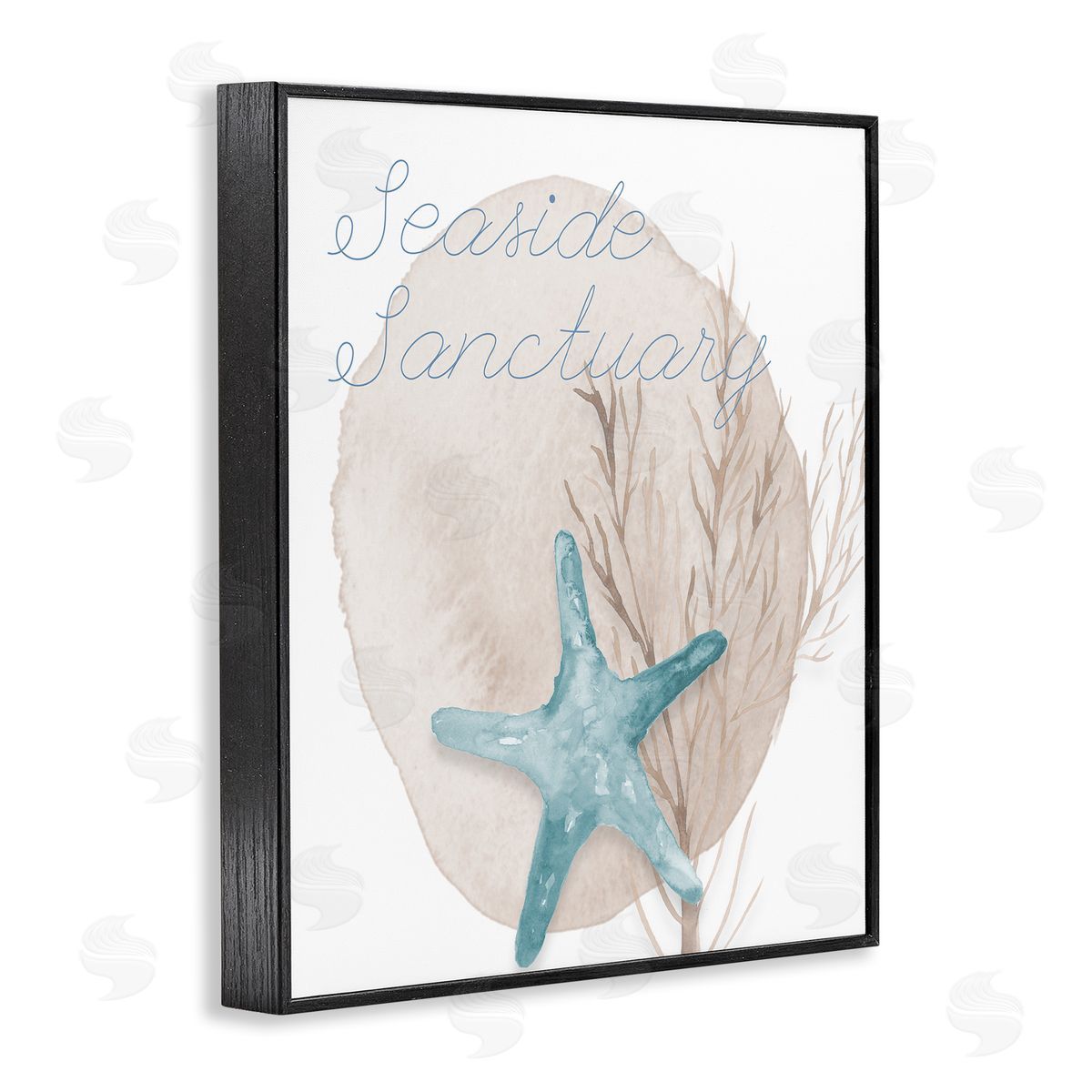 Lucille Price Seaside Sanctuary Phrase Soft Blue Starfish Brown Kelp Black Framed Glicee Wall Art Print