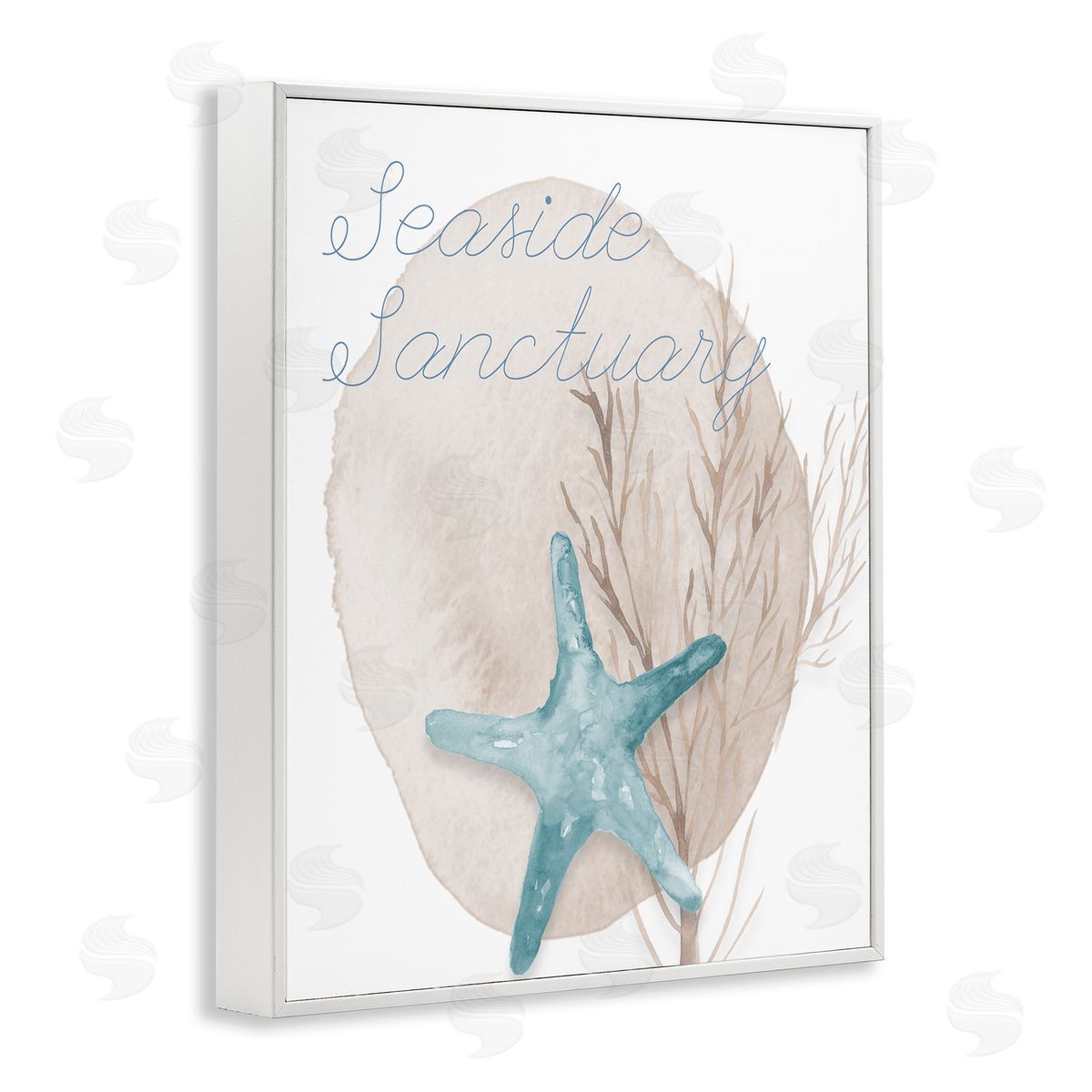 Lucille Price Seaside Sanctuary Phrase Soft Blue Starfish Brown Kelp White Framed Glicee Wall Art Print