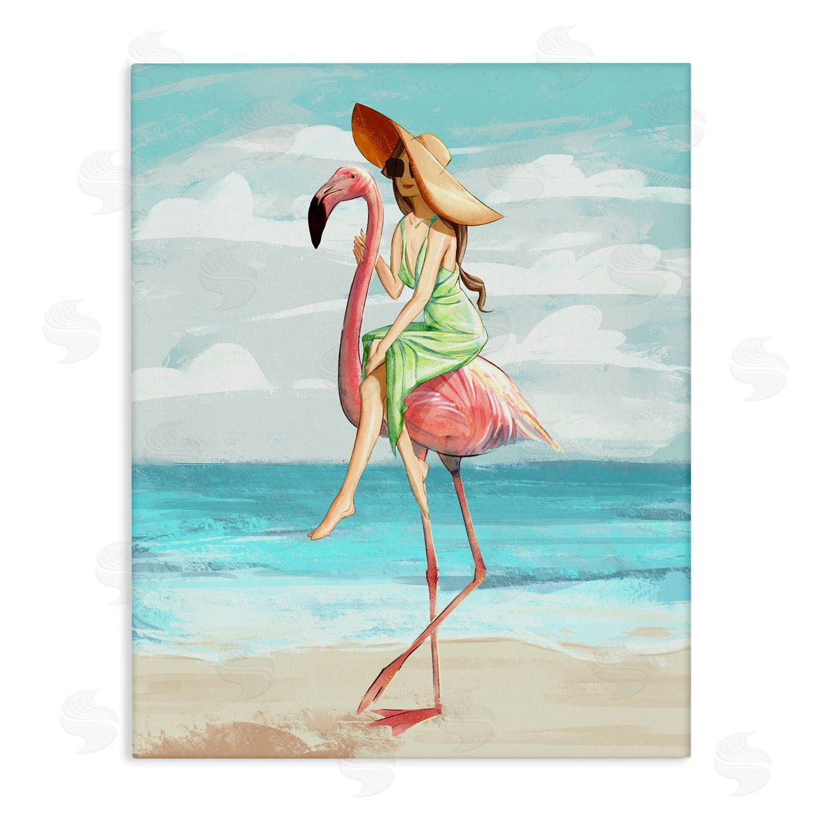Beach Woman Riding Pink Flamingo Canvas Wall Art, Home Decor by Ziwei Li