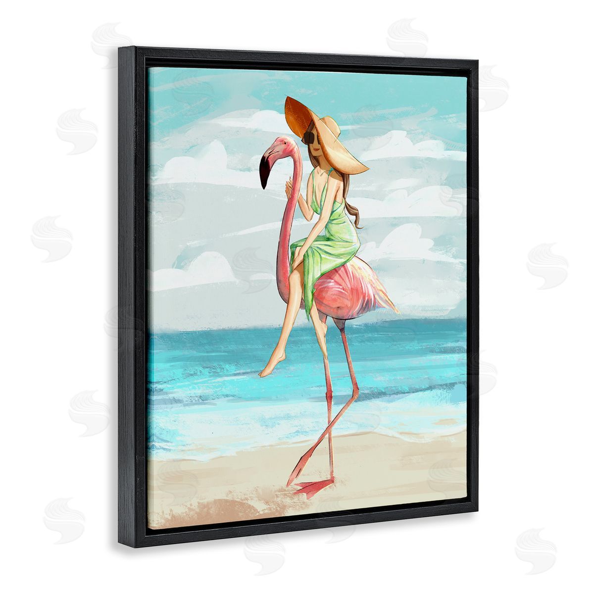 Beach Woman Riding Pink Flamingo Black Floating Frame Canvas Wall Art, Home Decor by Ziwei Li