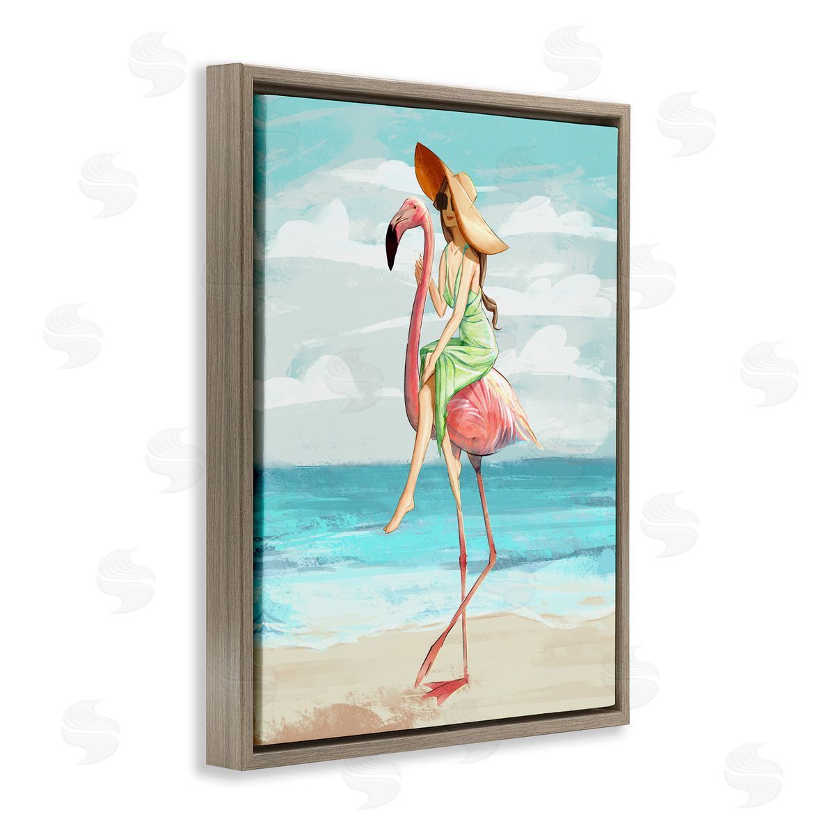 Beach Woman Riding Pink Flamingo Brown Floating Frame Canvas Wall Art, Home Decor by Ziwei Li