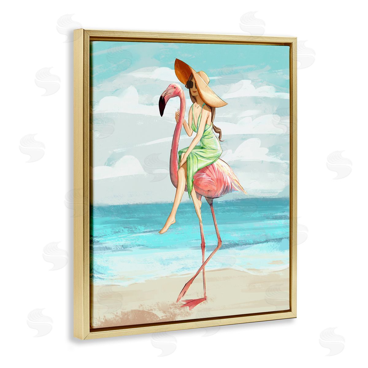 Beach Woman Riding Pink Flamingo Gold Floating Frame Canvas Wall Art, Home Decor by Ziwei Li