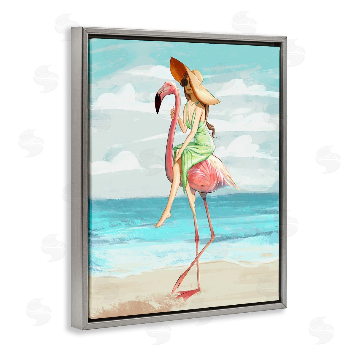 Beach Woman Riding Pink Flamingo Grey Floating Frame Canvas Wall Art, Home Decor by Ziwei Li