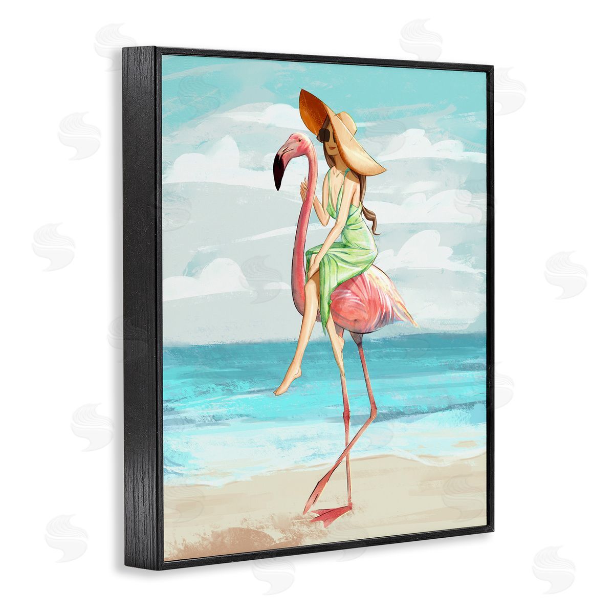 Beach Woman Riding Pink Flamingo Black Frame Print Wall Art, Home Decor by Ziwei Li