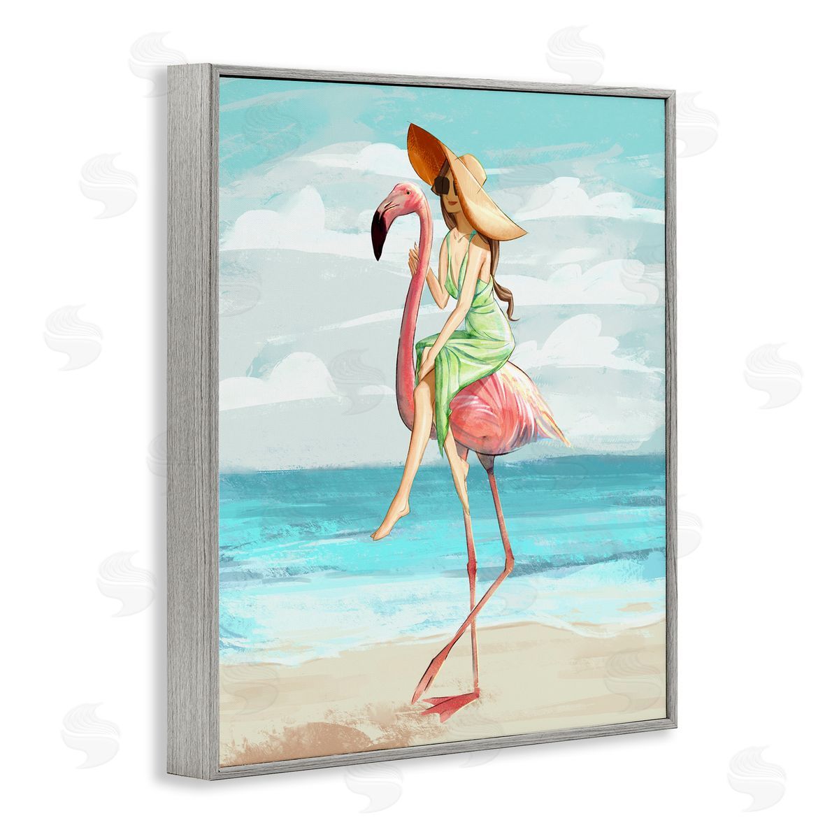 Beach Woman Riding Pink Flamingo Grey Frame Print Wall Art, Home Decor by Ziwei Li
