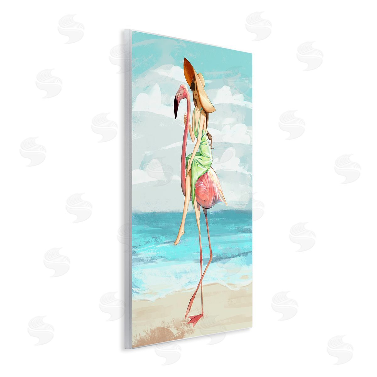Beach Woman Riding Pink Flamingo Wood Plaque Wall Art, Home Decor by Ziwei Li