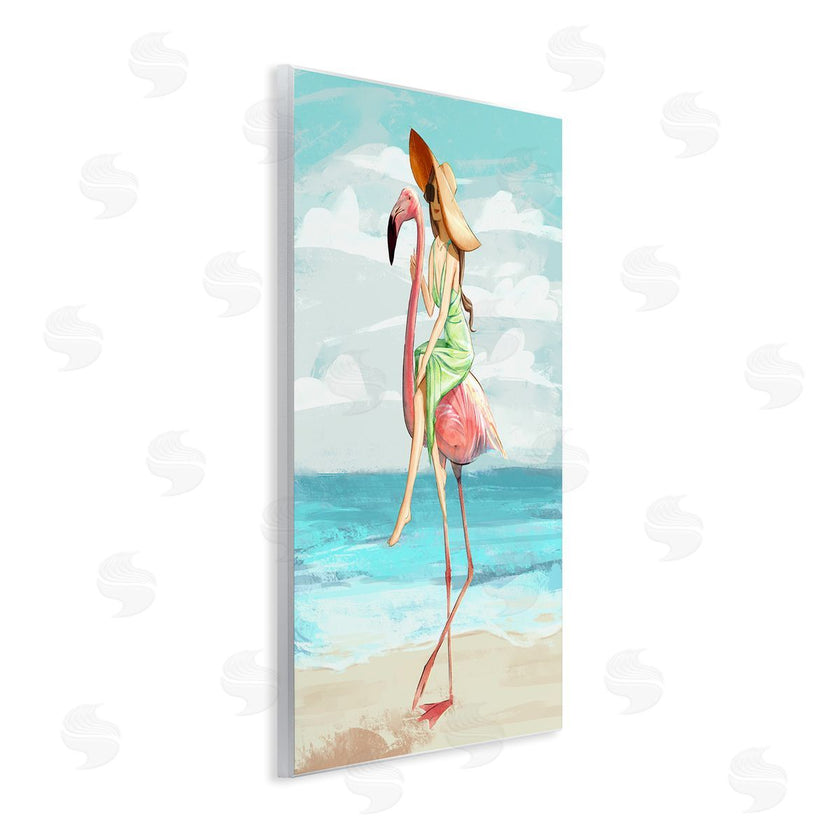 Ziwei Li | Beach Woman Riding Pink Flamingo