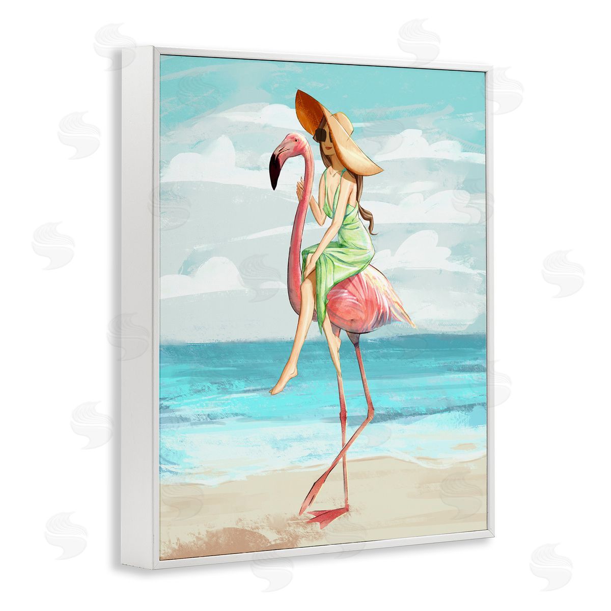 Beach Woman Riding Pink Flamingo White Frame Print Wall Art, Home Decor by Ziwei Li