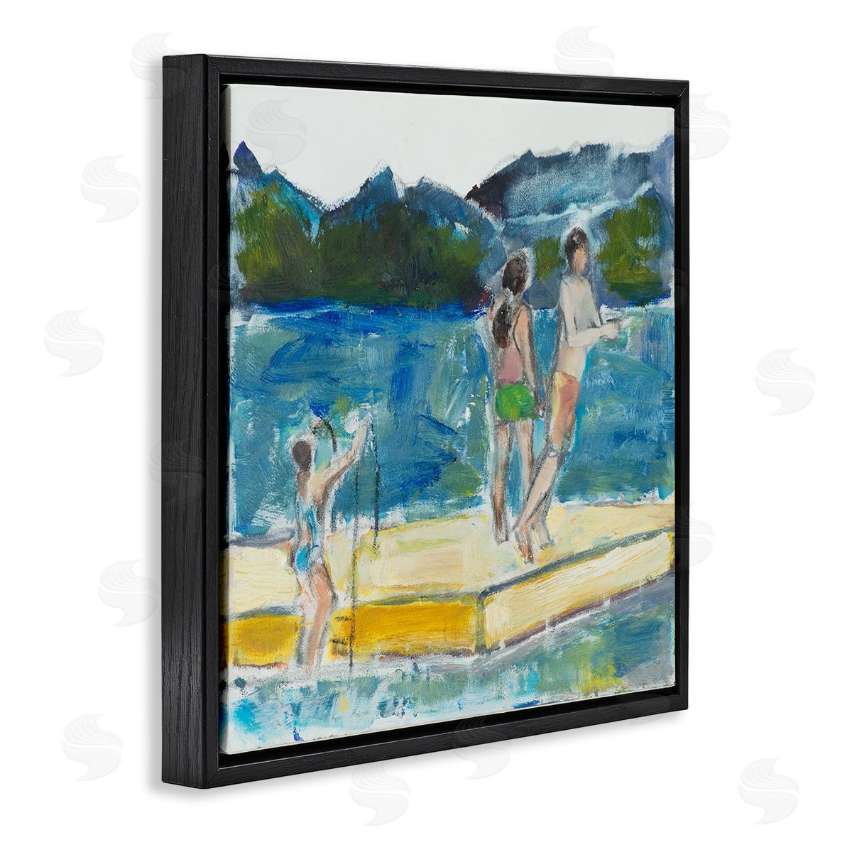 Kids on Swimming Dock Abstract Black Floating Frame Canvas Wall Art, Home Decor by Susanne Marie