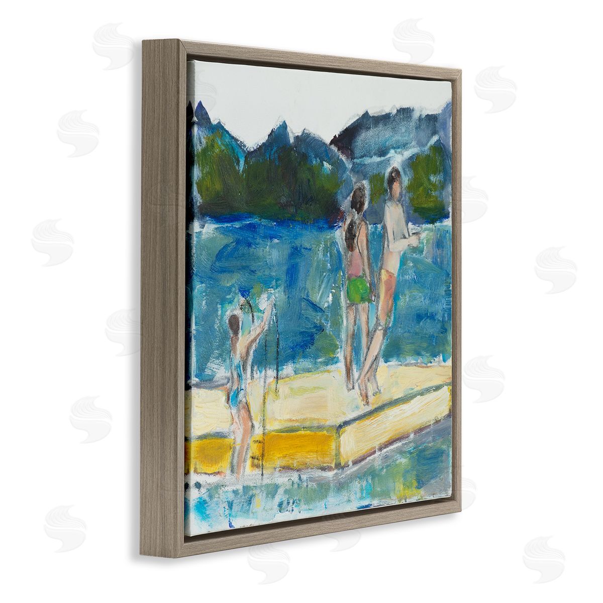 Kids on Swimming Dock Abstract Brown Floating Frame Canvas Wall Art, Home Decor by Susanne Marie