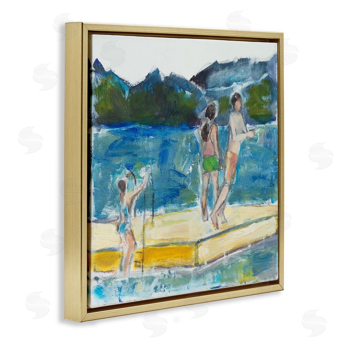 Kids on Swimming Dock Abstract Gold Floating Frame Canvas Wall Art, Home Decor by Susanne Marie