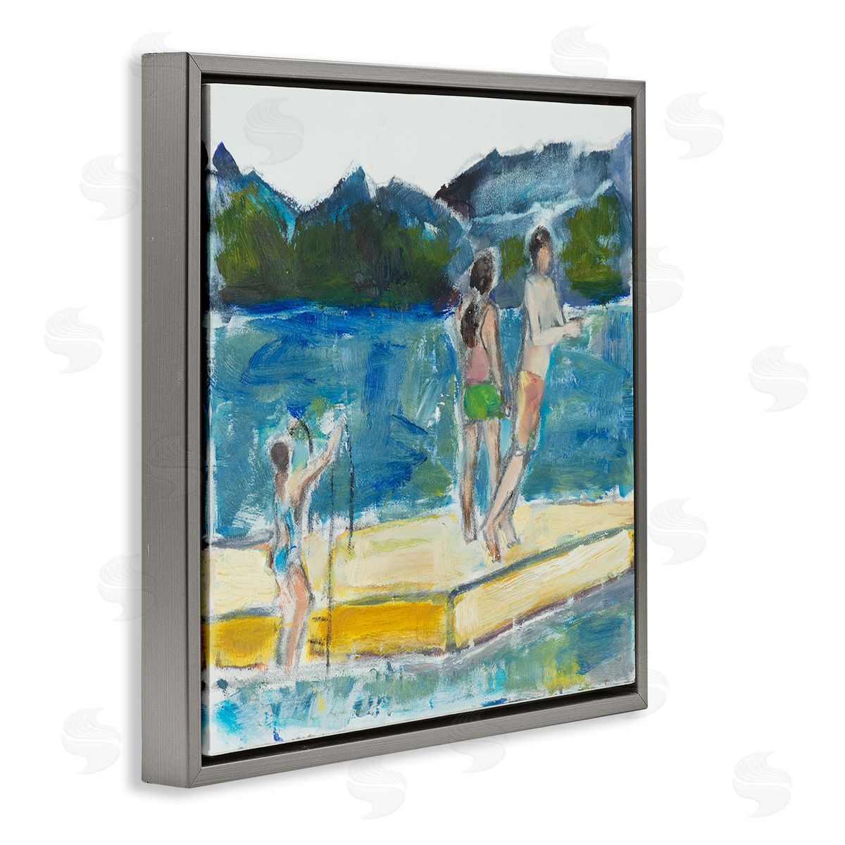 Kids on Swimming Dock Abstract Grey Floating Frame Canvas Wall Art, Home Decor by Susanne Marie