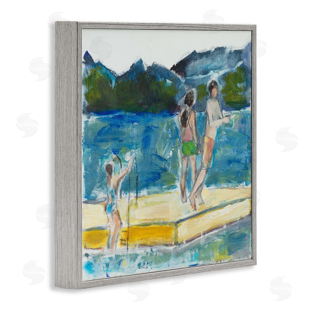 Kids on Swimming Dock Abstract Grey Frame Print Wall Art, Home Decor by Susanne Marie