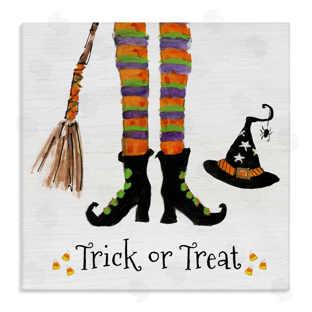Sally Swatland Trick Or Treat Phrase Whimsical Striped Witch Socks Stretched Canvas Wall Art Print