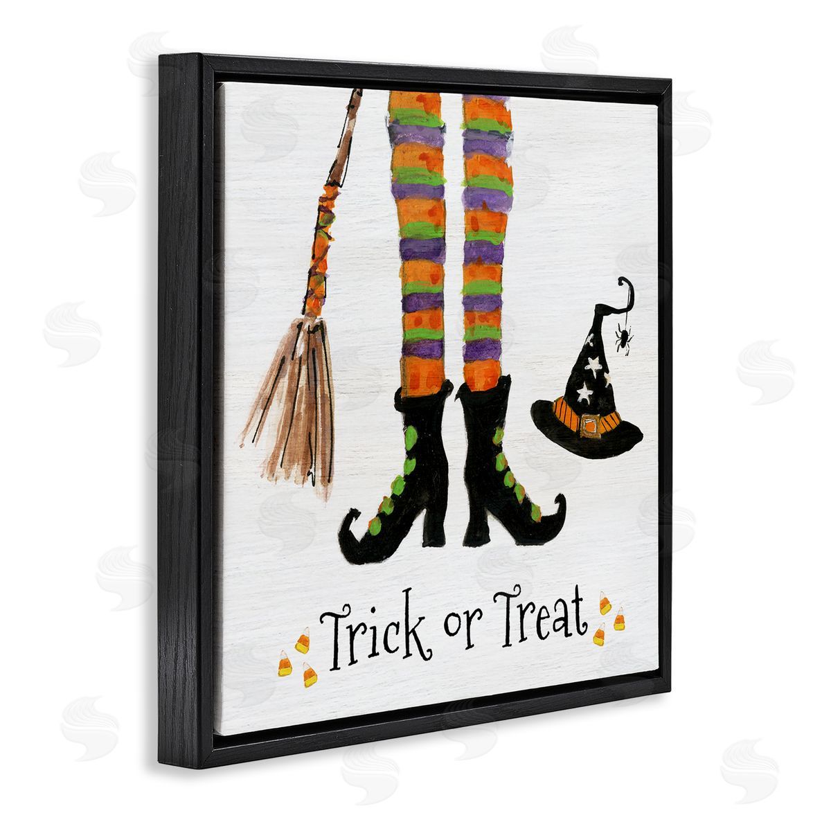 Sally Swatland Trick Or Treat Phrase Whimsical Striped Witch Socks Black Floating Frame Canvas Wall Art Print