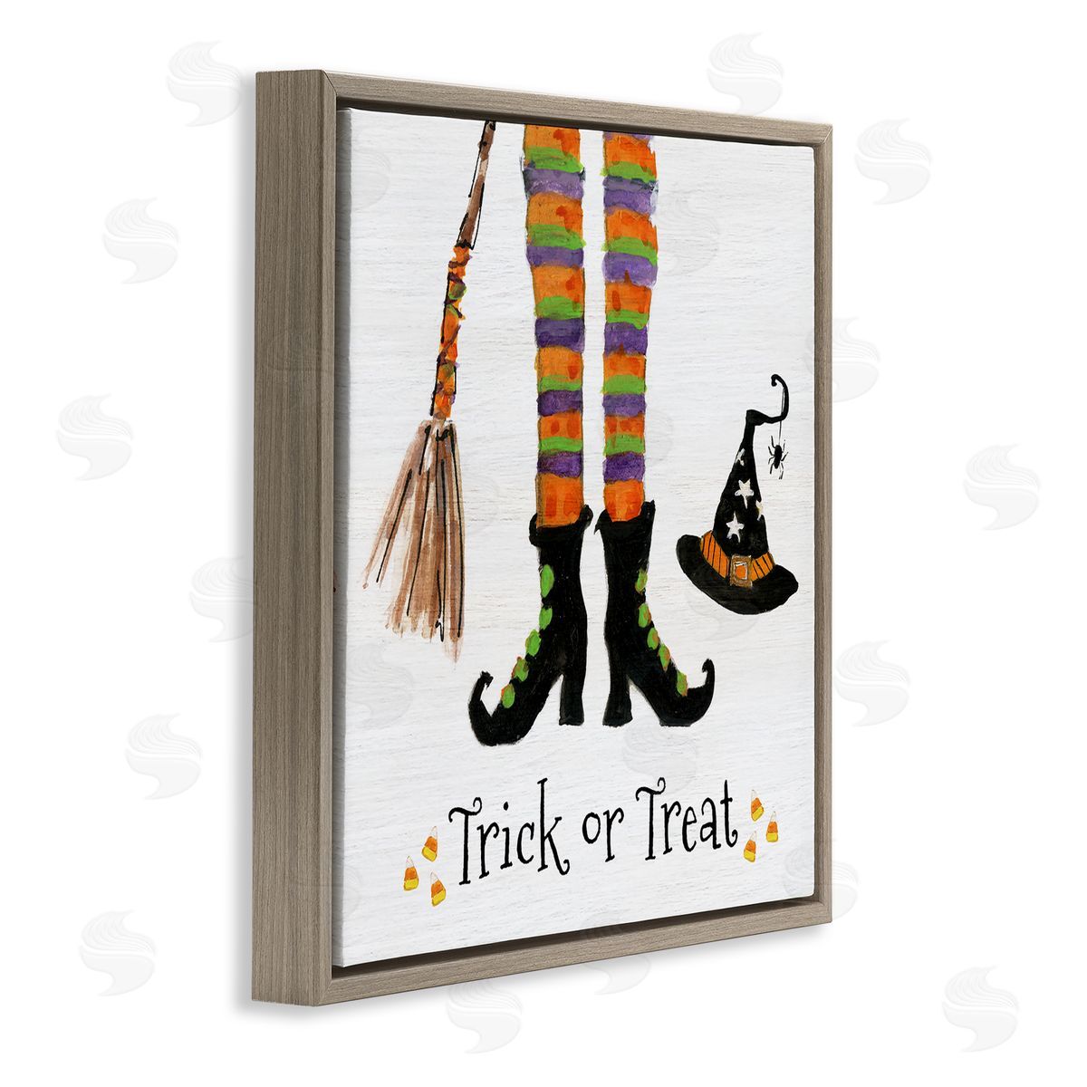 Sally Swatland Trick Or Treat Phrase Whimsical Striped Witch Socks Brown Floating Frame Canvas Wall Art Print