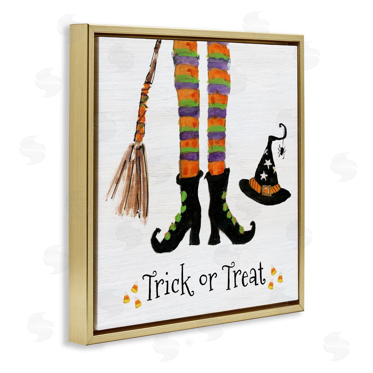 Sally Swatland Trick Or Treat Phrase Whimsical Striped Witch Socks Gold Floating Frame Canvas Wall Art Print