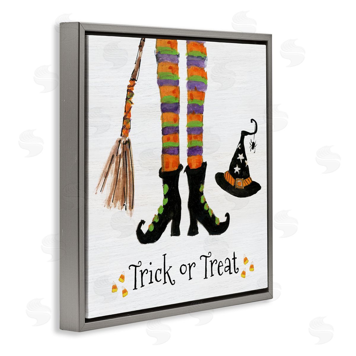 Sally Swatland Trick Or Treat Phrase Whimsical Striped Witch Socks Gray Floating Frame Canvas Wall Art Print