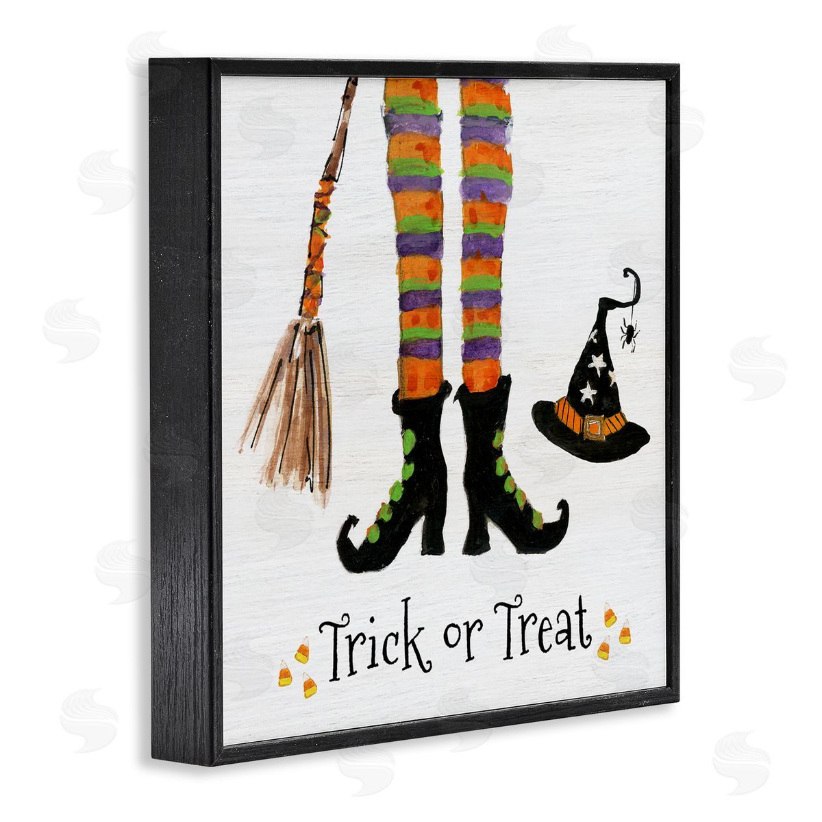 Sally Swatland Trick Or Treat Phrase Whimsical Striped Witch Socks Black Framed Glicee Wall Art Print