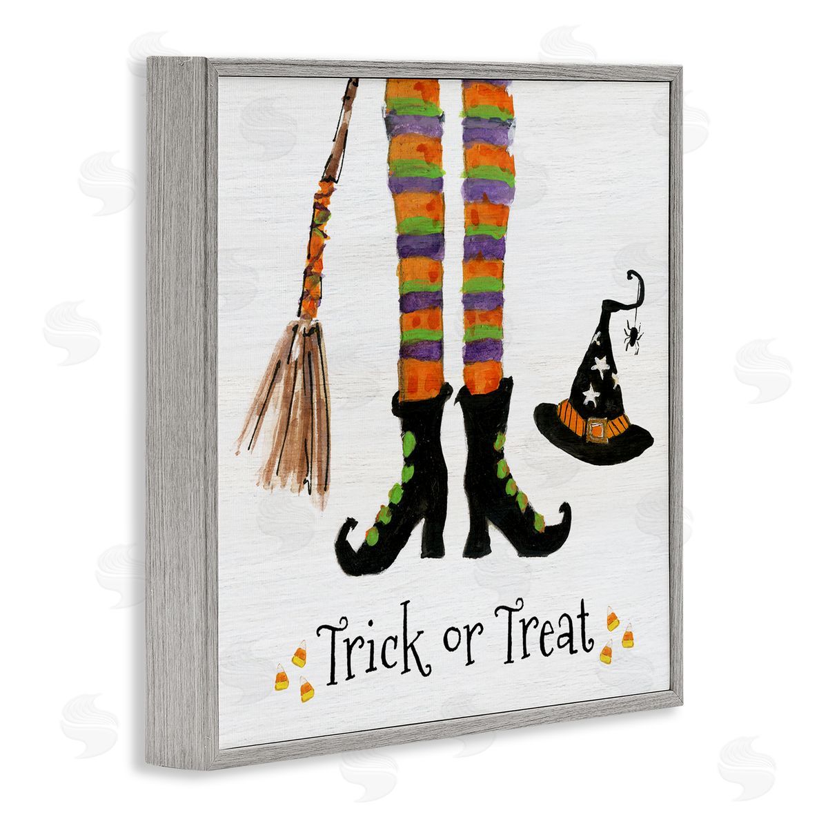 Sally Swatland Trick Or Treat Phrase Whimsical Striped Witch Socks Gray Framed Glicee Wall Art Print