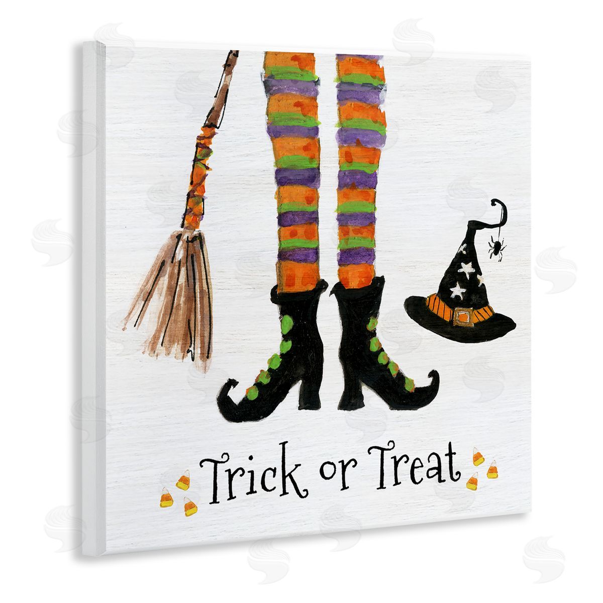 Sally Swatland Trick Or Treat Phrase Whimsical Striped Witch Socks Wooden Wall Plaque Art Print