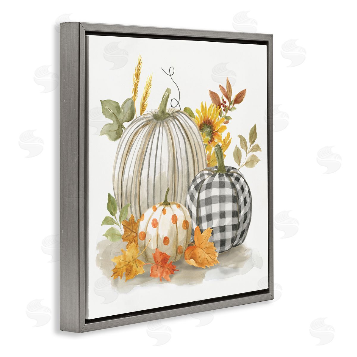 Patterned Pumpkins Autumn Harvest Grey Floating Frame Canvas Wall Art, Home Decor by Nan
