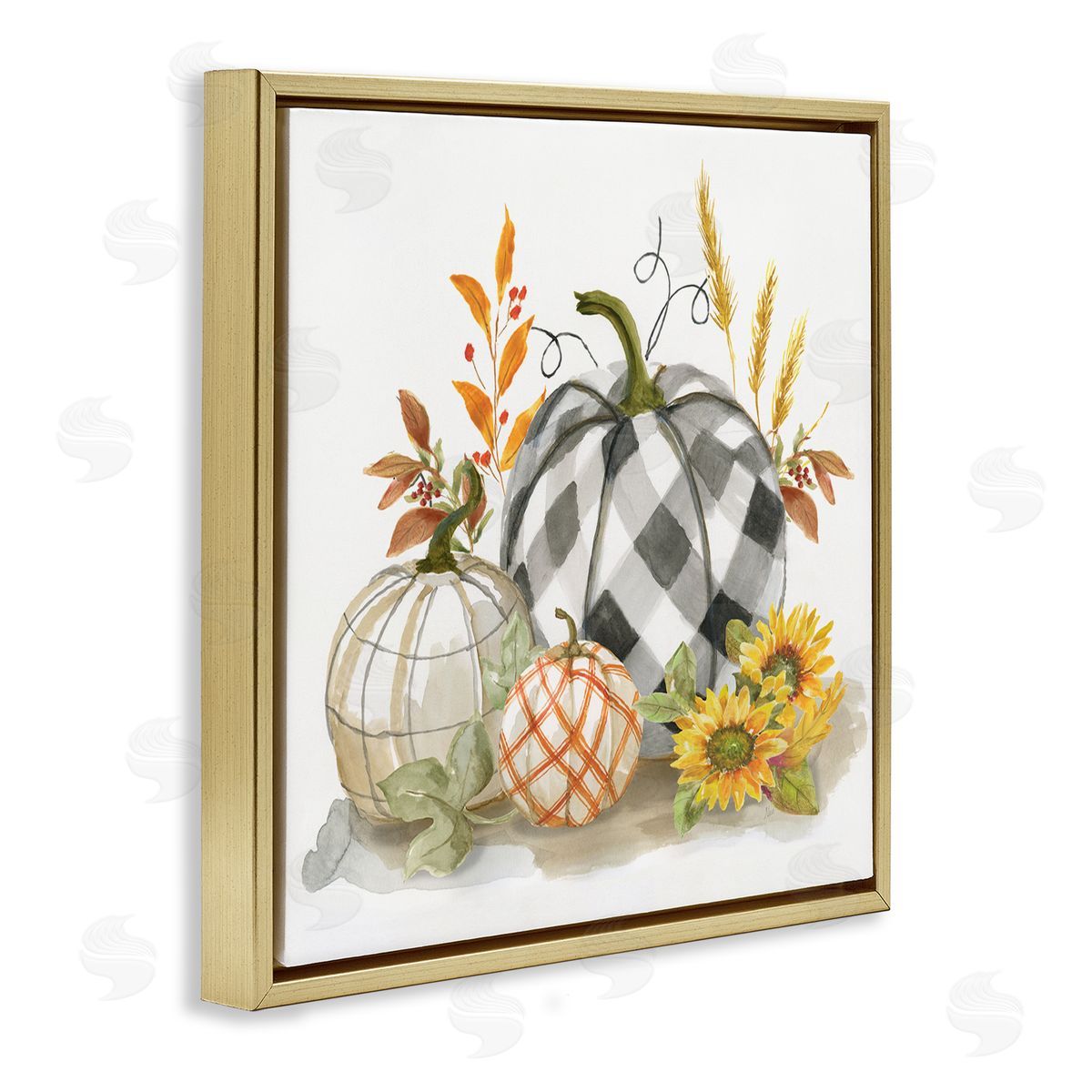 Fall Patchwork Patterned Pumpkins Gold Floating Frame Canvas Wall Art, Home Decor by Nan